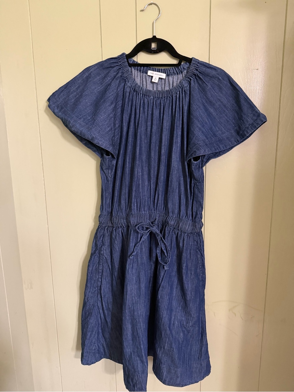 Chambray Drawstring Waist Casual Dress - Blue